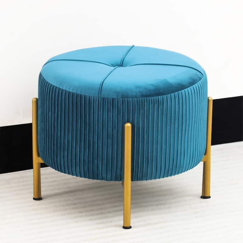 Adeco Round Ottoman 16.5" Foot Rest Stool with Metal Legs - Blue