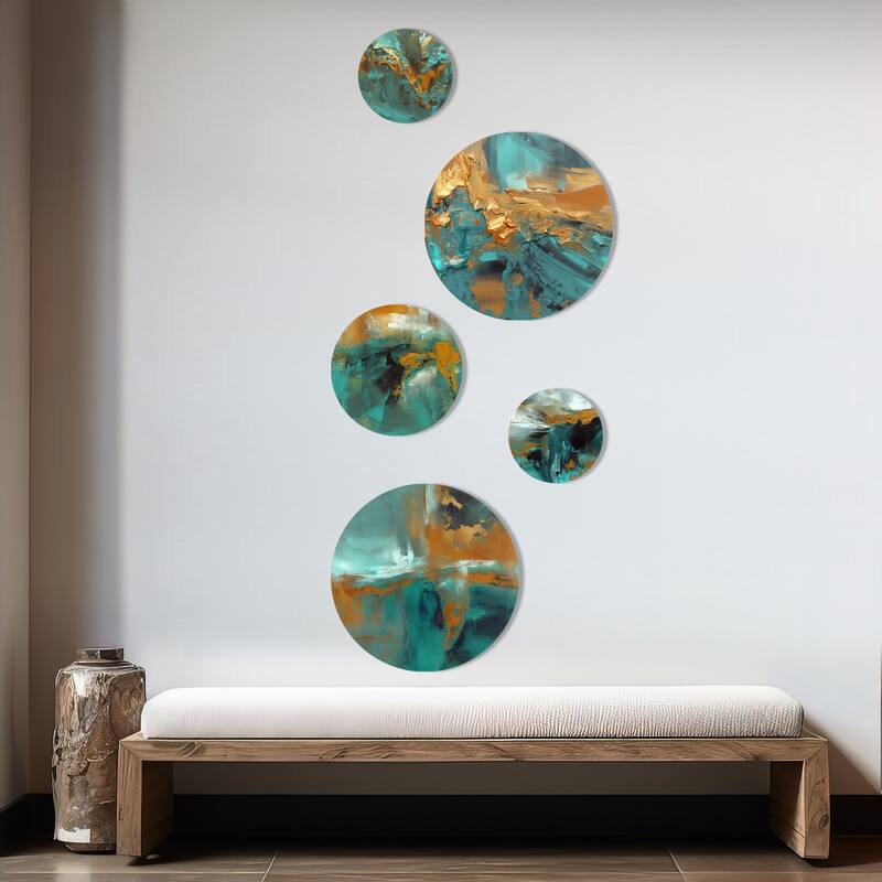 Designart "Teal Balance I" Abstract Painting Metal Round Wall Art Set Of 5