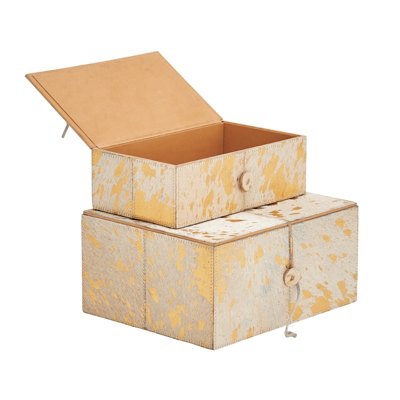 Gray Leather Handmade Box with Hinged Lid (Set of 2) - White or Gold