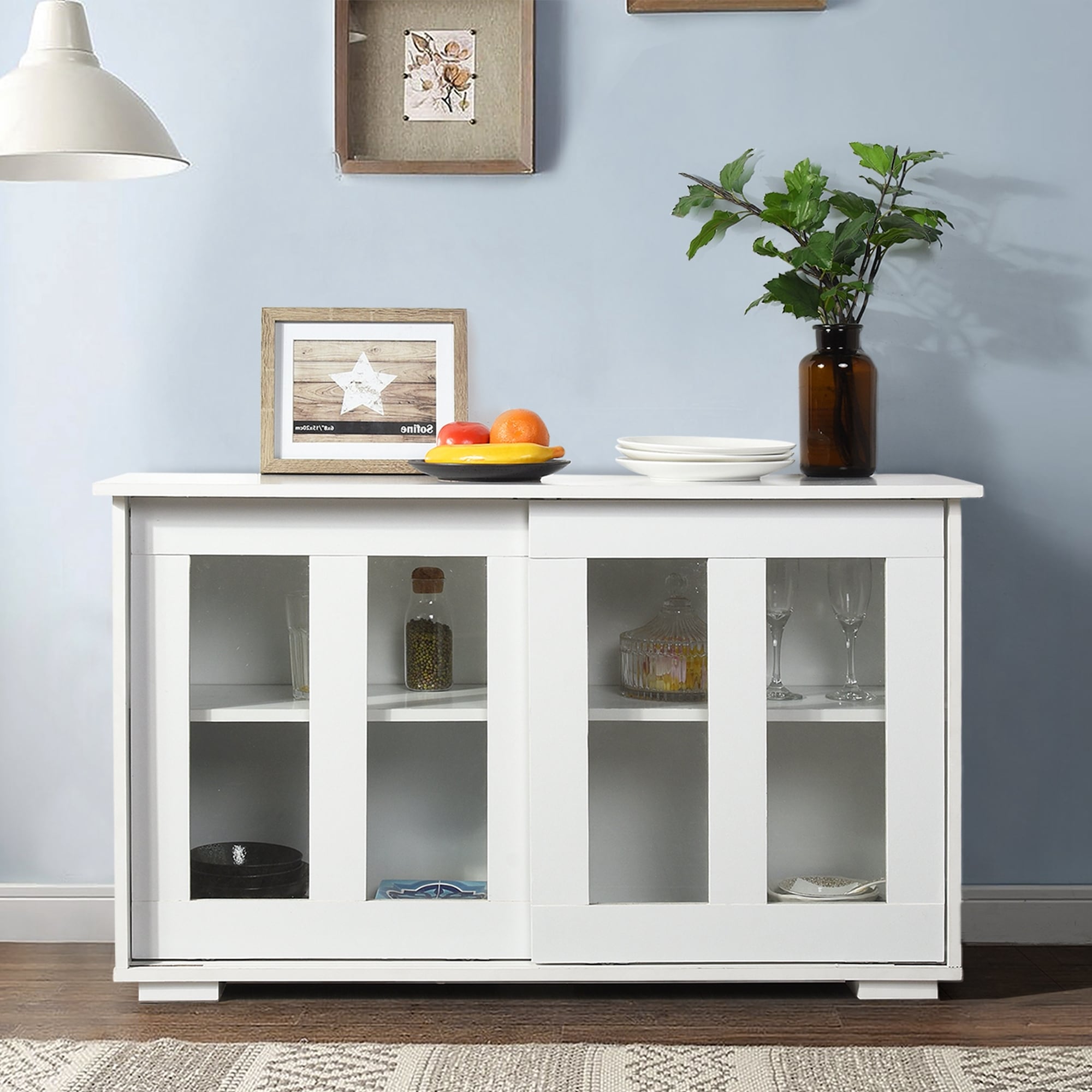 White Storage Cabinet with Sliding Doors Adjustable Shelves On