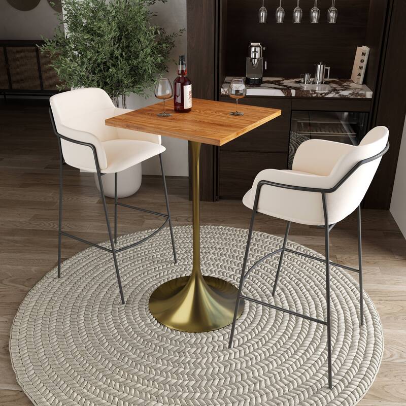 Verve 43 in. Tall Bar Height Dining Table Square MDF Wood Tabletop in Gold Stainless Steel Pedestal Base Accent Bar Table