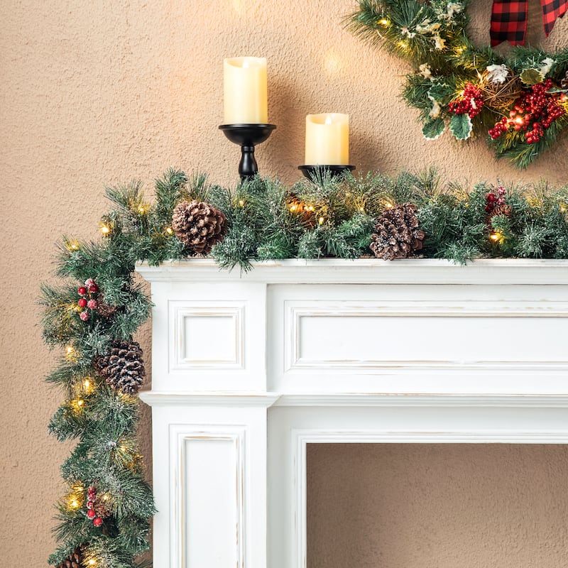 Glitzhome 2pk/4pk 6ft Pre-Lit Pinecones or Snow Flocked Christmas Garland, with Warm White LED Lights and Timer