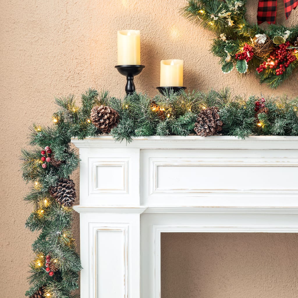 Glitzhome 2pk/4pk 6ft Pre-Lit Pinecones or Snow Flocked Christmas Garland, with Warm White LED Lights and Timer