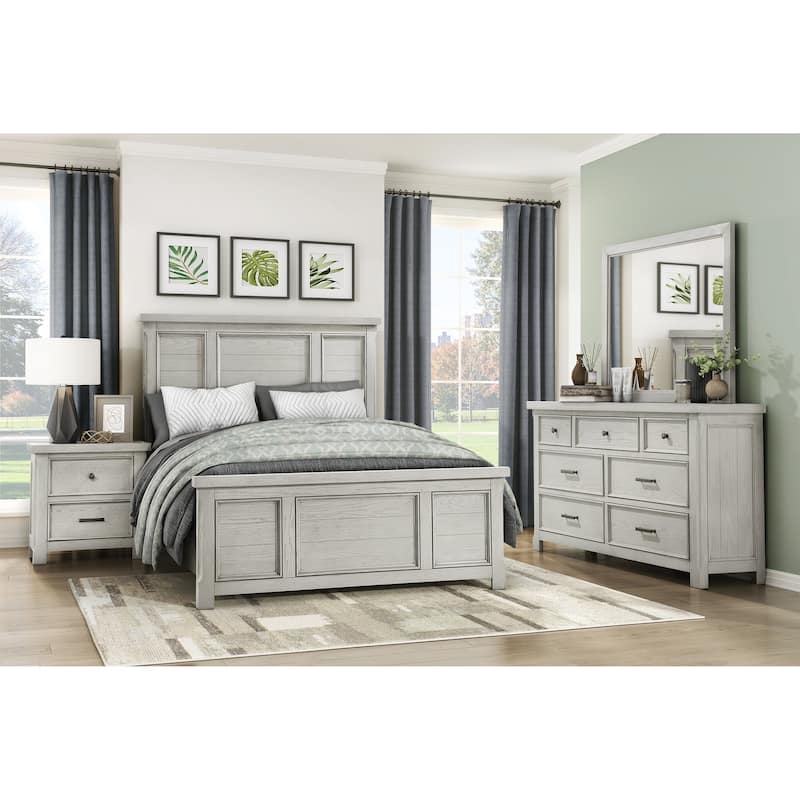 Classic Bedroom Furniture Sets Light Gray Finish Wooden Panel Bed Nightstand Dresser Mirror