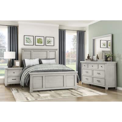 Classic Bedroom Furniture Sets Light Gray Finish Wooden Panel Bed Nightstand Dresser Mirror