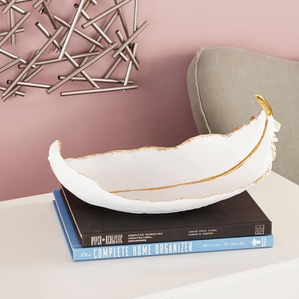 slide 1 of 6, White with Gold Polystone Glam Plume Feather Shape Decorative Bowl