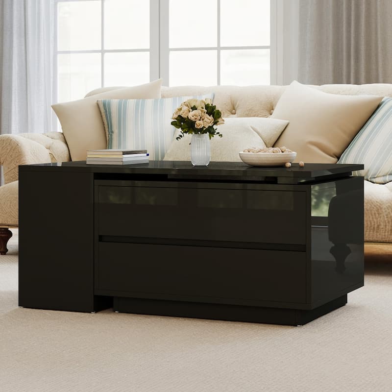 Moasis Modern Glossy LED Coffee Table with Drawers and Storage Shelves - Black