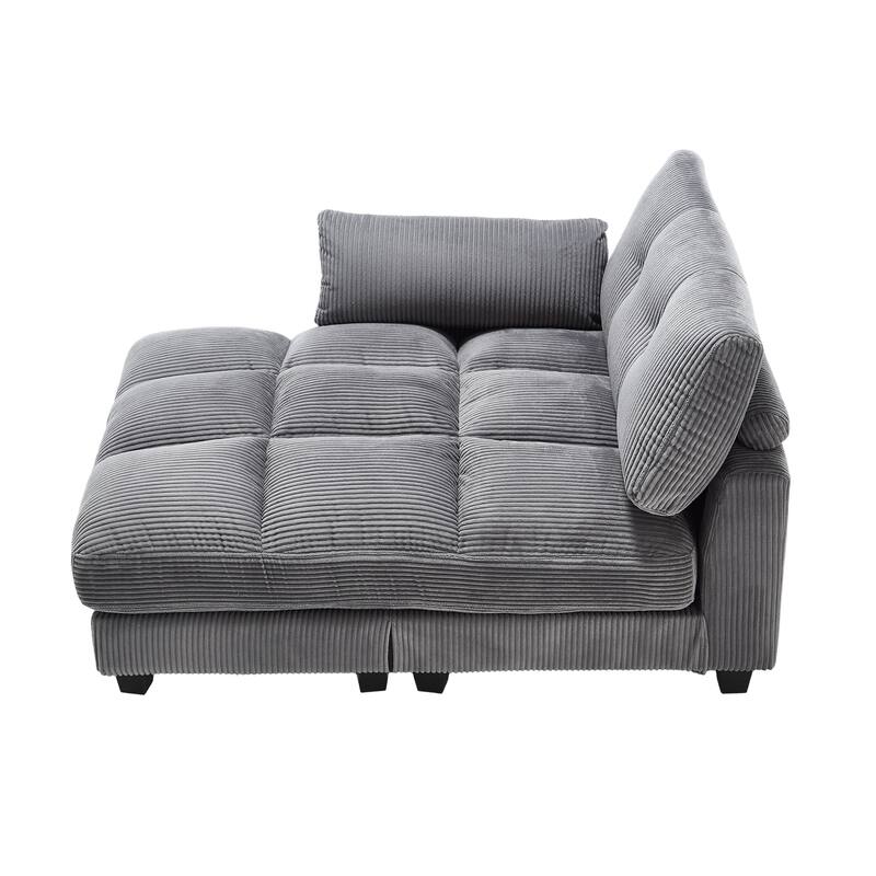Oversized Corduroy Upholstered Single Chaise Lounge Sofa Couch Switchable Armrest with Cup Holders, USB Ports and Pockets