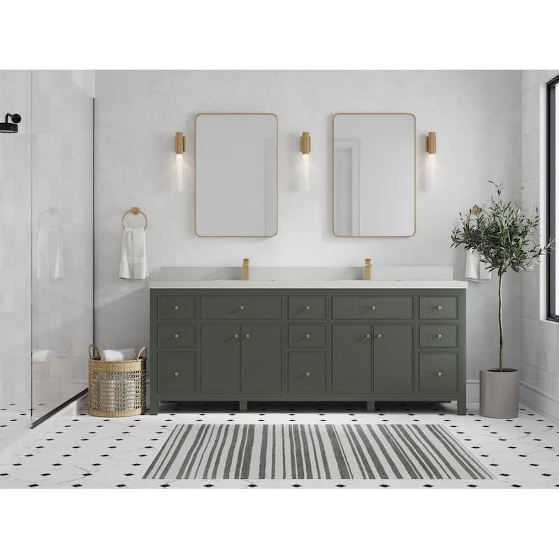 Willow Collections 84 in. W x 22 in. D Sonoma Free Standing Reeded Double Sink Bathroom Vanity with Countertop - 2" Carrara Quartz - Pewter Green