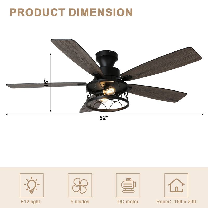 Bella Depot 52" Black Low Profile Ceiling Fan with Light and Remote Control