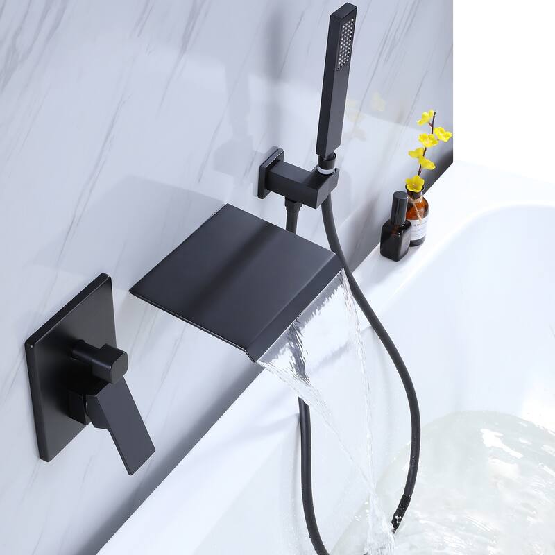 Wall Mounted Single Handle Waterfall Tub Filler Faucet With Handheld Shower Black