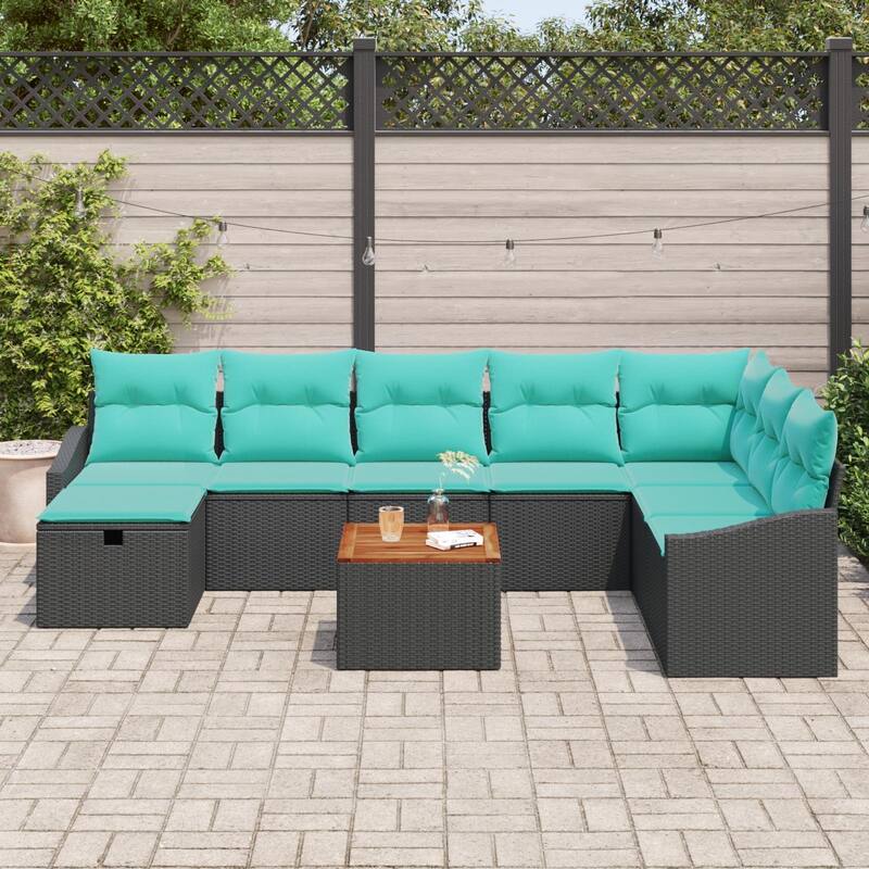 vidaXL 9 Piece Garden Sofa Set with Cushions Black Poly Rattan - 113.6×70.3×27.2