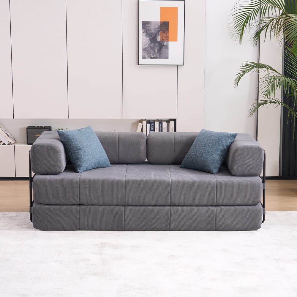 78.5" Folding Sofa Bed with 2 Pillows, Convertible Foam Futon Couch, Corduroy Fold-Out Couch for Living Room, Office