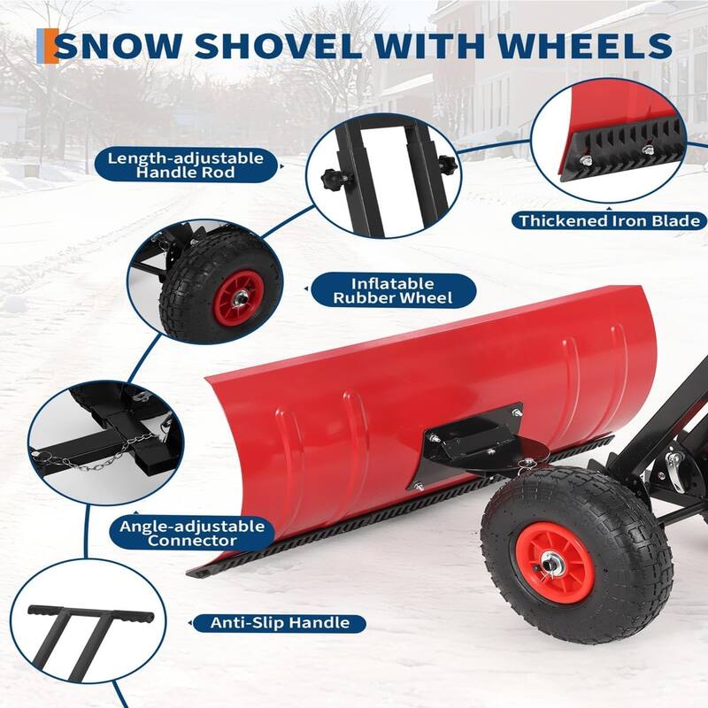 29x16.53 In Heavy Duty Rolling Snow Shovel With Wheels Double Armrests - 29x16.53 In