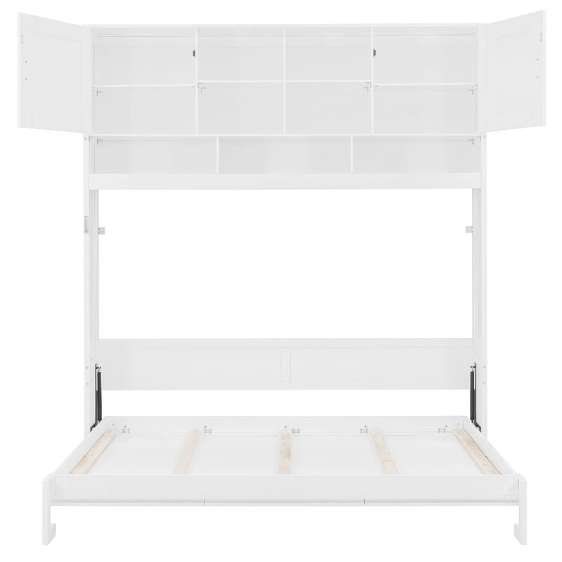Queen Size Wall-Mounted Murphy Bed with Storage and Decorative Panels, White
