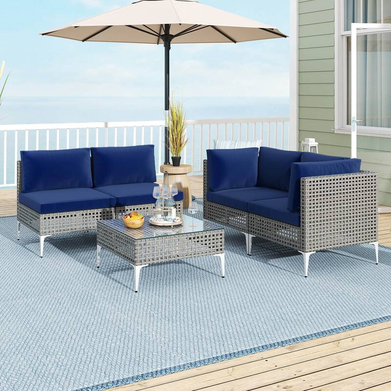 Costway 5 PCS Outdoor Furniture Set with Seat & Back Cushions Tempered - Navy - See Details