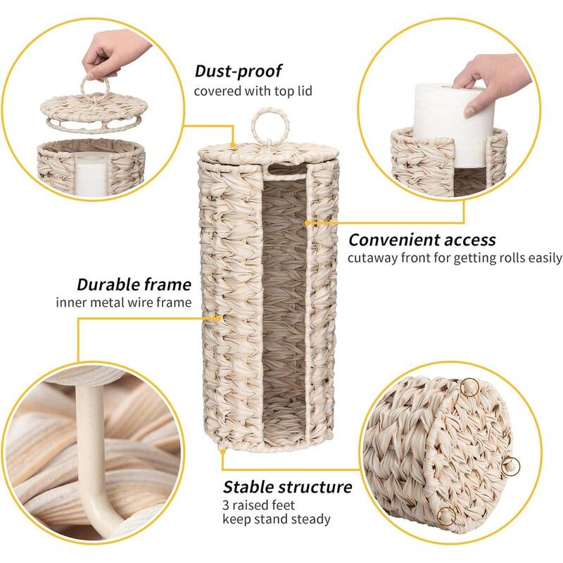 Freestanding Woven Toilet Paper Roll Holder with Lid for Bathroom, Power Room - 14.5'' H X 7'' W X 7'' D