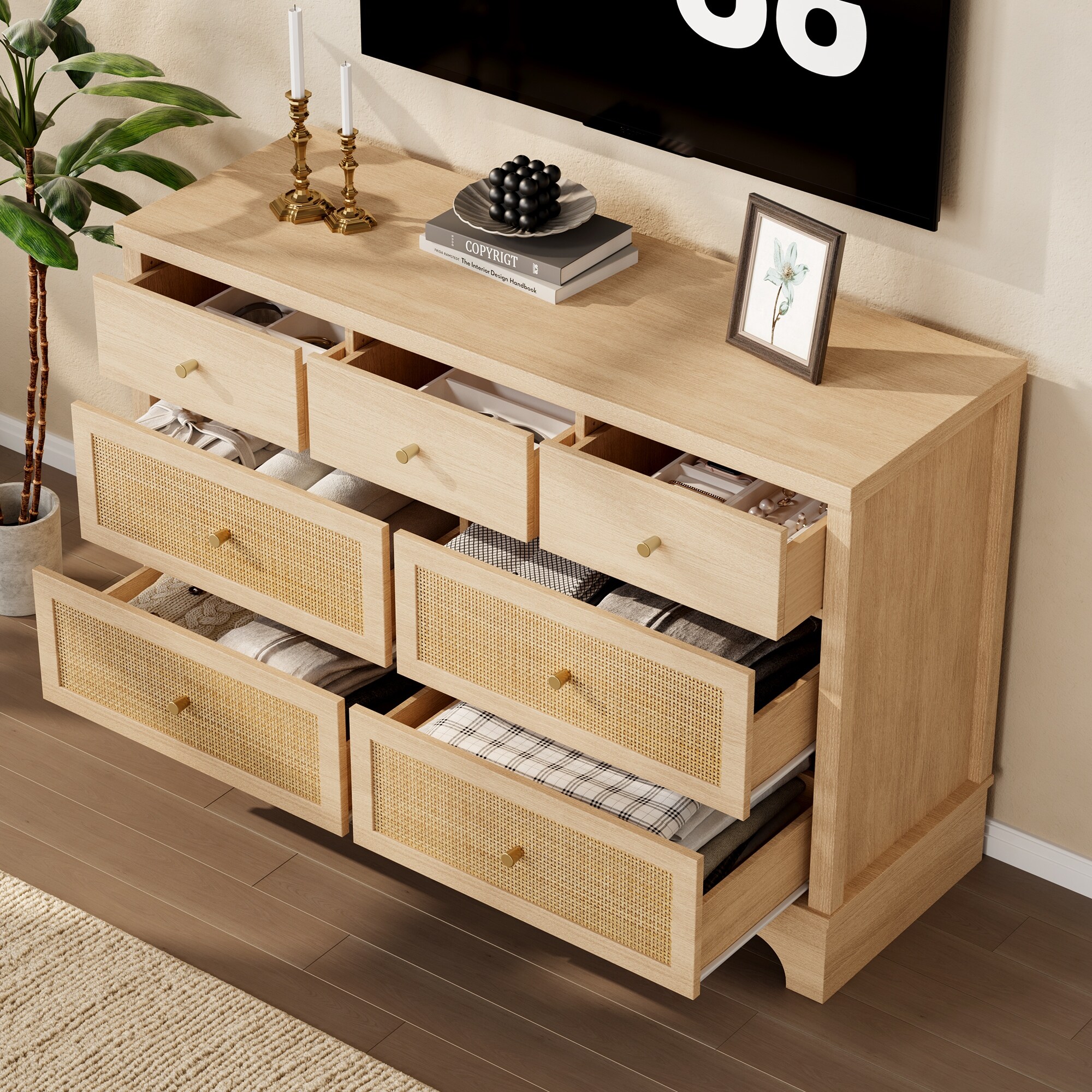 mid century boho dresser 7-Drawer Mid-Century Dresser, Rattan & Wood Storage Chest, Long TV Stand for Bedroom, Living Room or Nursery - Black Color:Pearl Black