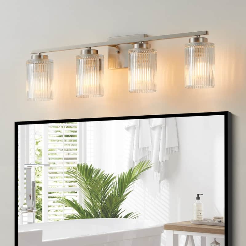 KAWOTI 30" 4-Light Bathroom Vanity Light with Fluted Glass Shades - Brushed Nickel