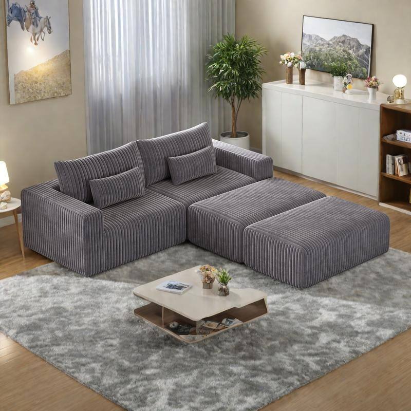102" Corduroy Cloud Lounge Sectional with 2 Removable Footstools, No-Assembly Plush Chaise & Backrest Support - Grey