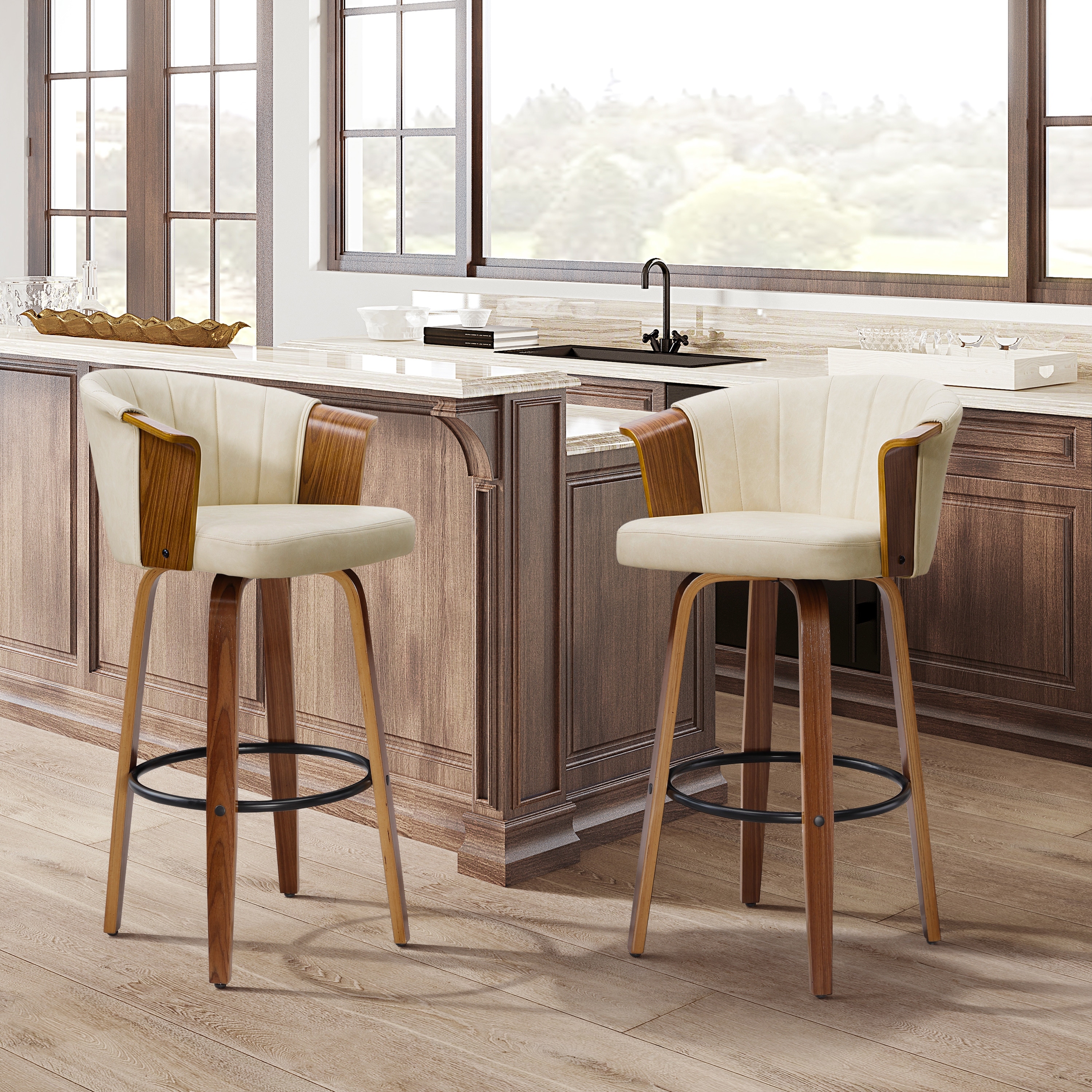 Art Leon Wood and Faux Leather Counter Height Barstool, Set of 2