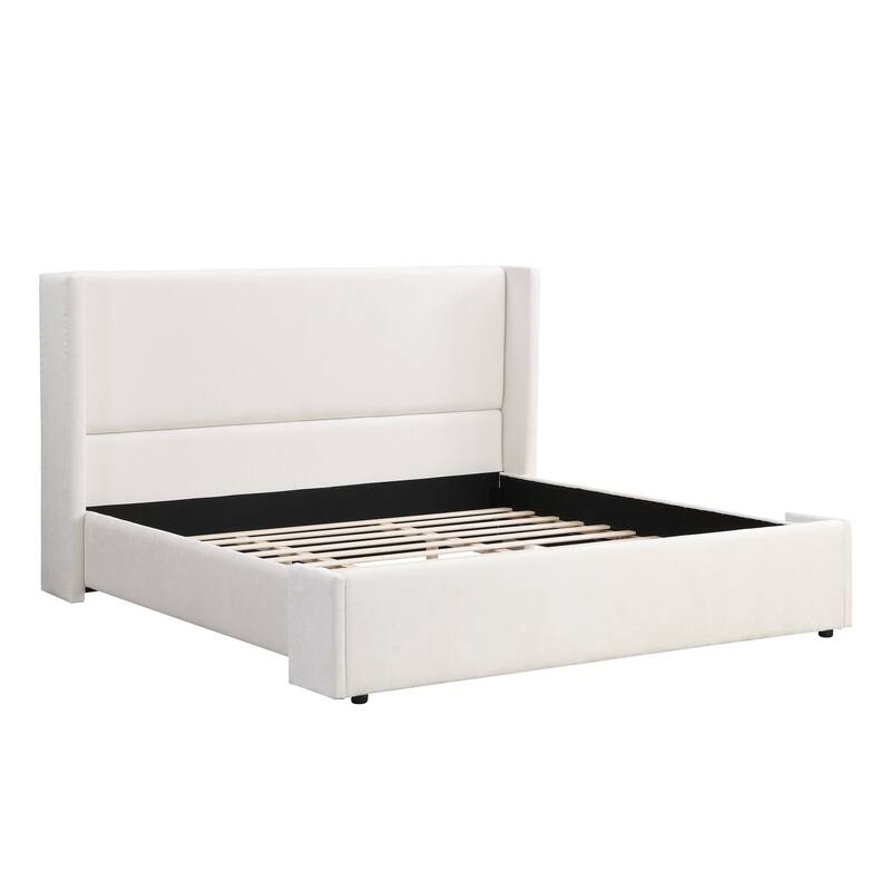 Queen / King White Upholstered Bed with Tall Headboard and Soft Touch Fabric