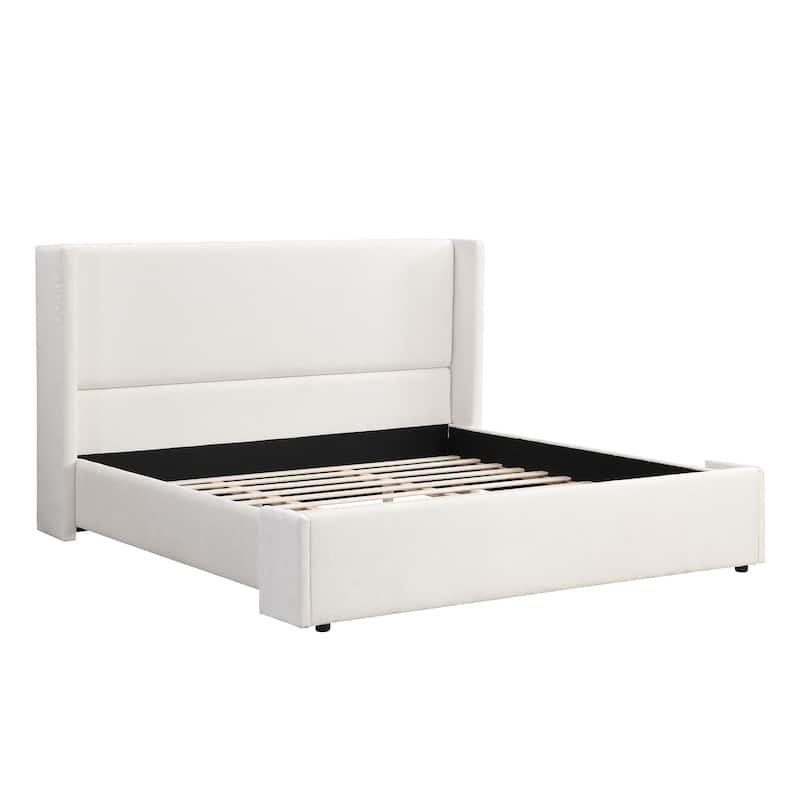 Wingback Bed Upholstered Platform Bed Frame, Elegant Fabric Bedframe with Tall Headboard, Wood Slats Support for Bedroom