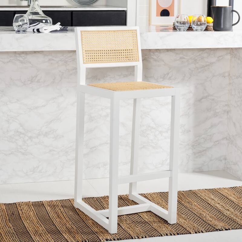 SAFAVIEH Evangeline Rattan Bar Stool - 16" W x 19" D x 41" H - 16Wx19Dx41H - White/Natural