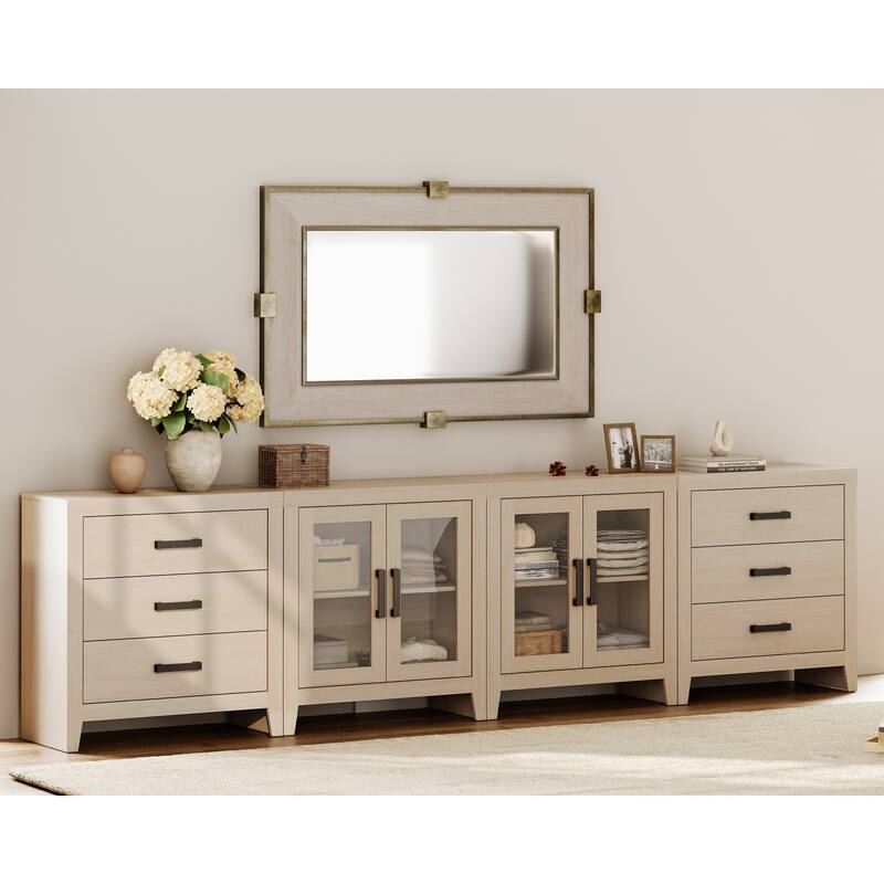 WAMPAT Farmhouse Buffet Cabinet with Glass Doors and Drawers, 4-Piece Modular Sideboard