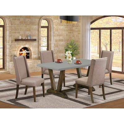 HomeStock 5-Piece Rectangle Distressed Jacobean Finish Solid Wood Top Dining Table with 4 Upholstered-Chairs with Lattice Back