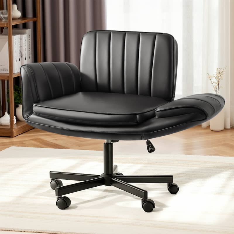 BOSSIN Criss Cross Office Chair with Arms and Wheels - Adjustable Swivel PU Leather Desk Chair for Makeup Vanity, Bedroom - Black