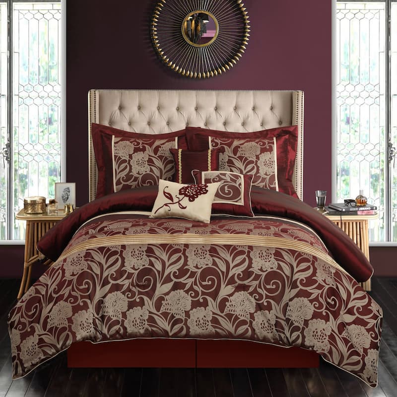 Nanshing Brie 7 Piece Floral Jacquard Comforter Set - Red/Gold - California King