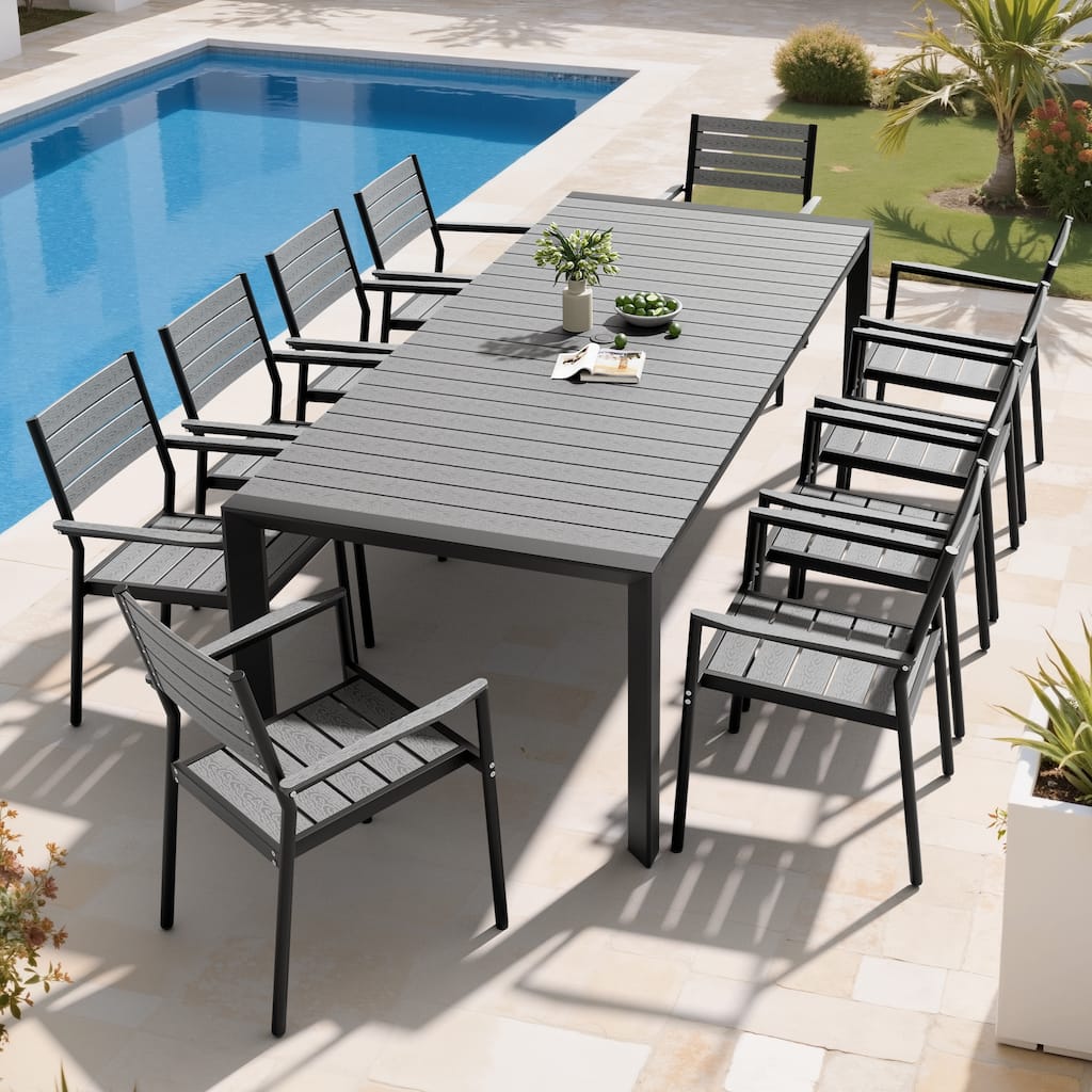 Set of 11 Outdoor Patio Dining Set WoodLike Table Top Aluminum Umbrella Hole Table with Stackable Chairs
