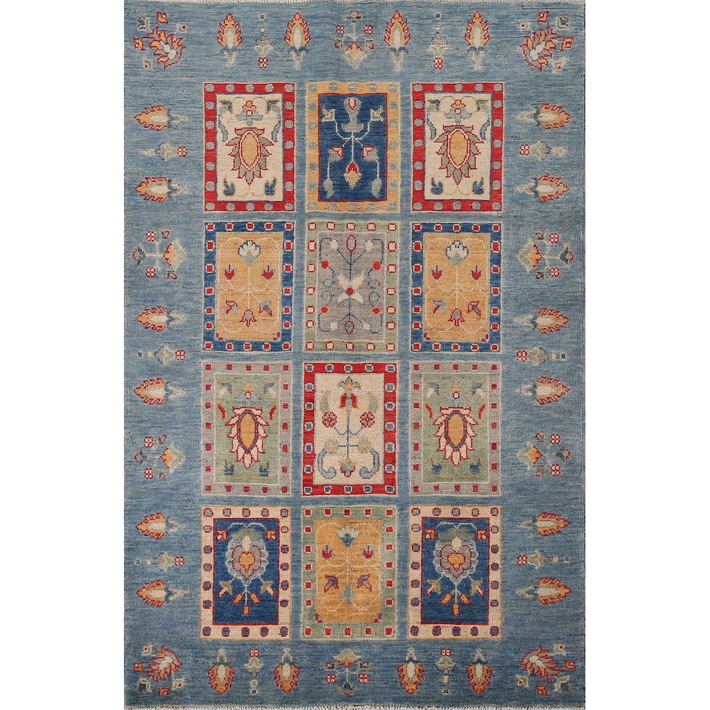 Garden Design Blue Kazak Oriental Area Rug Hand-Knotted Wool Carpet - 4'3" x 6'2"