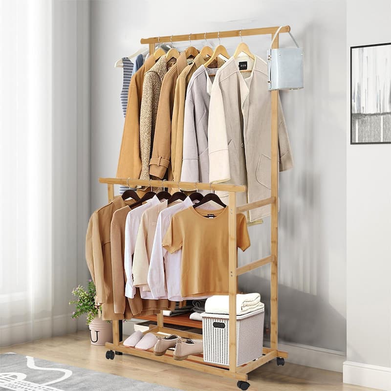 Clothing Rack Bamboo Garment Rack Rolling Coat Hanging Stand - 31.5x15.7x63 inch