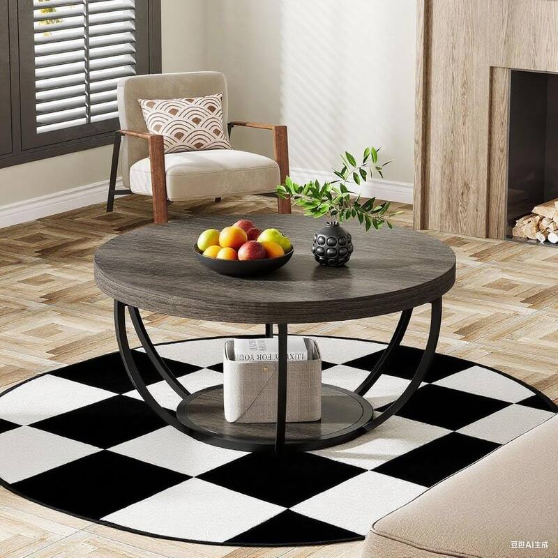 Engineered Wood Round Coffee Table with 2-Tier Metal Base - 31.69" L x 31.69" W x 17.32" H