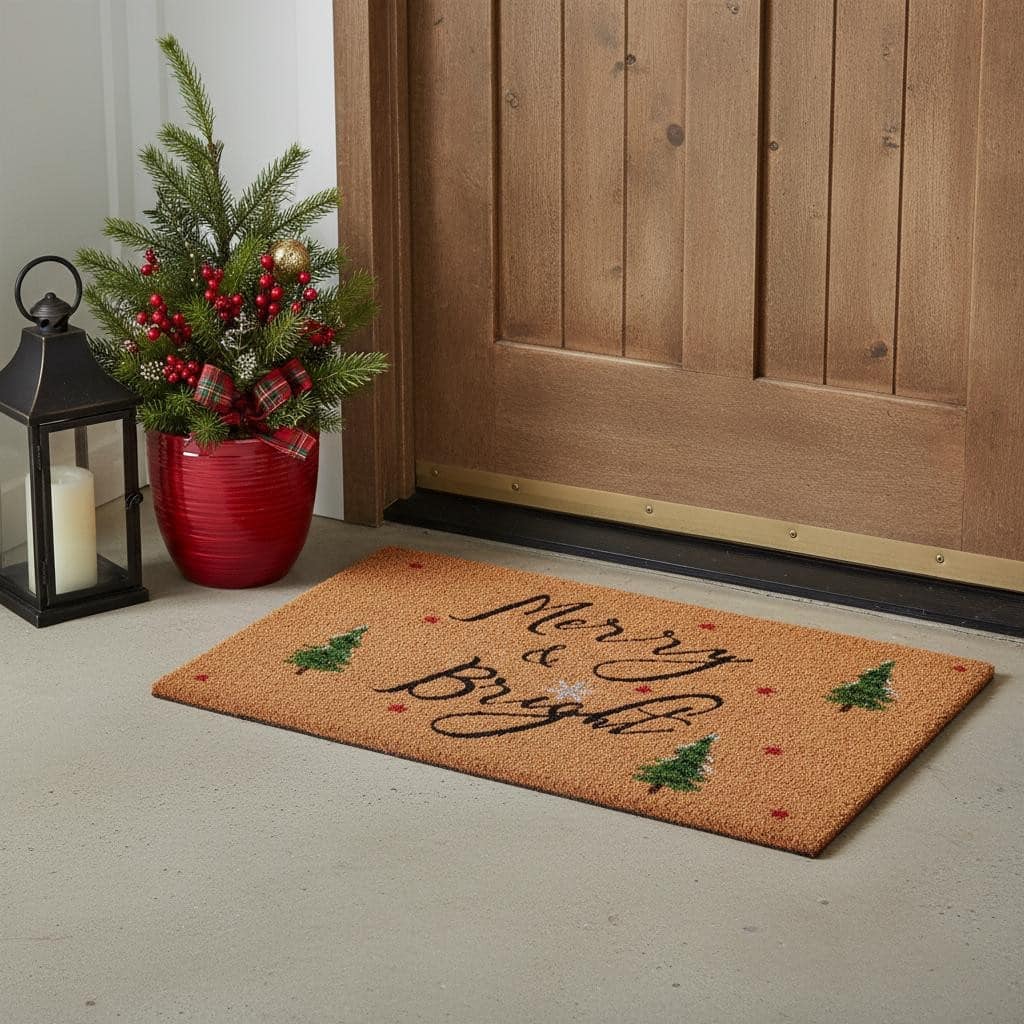 HomeRoots 17" X 29" Brown Black And Green Christmas Merry and Bright Outdoor Coir Door Mat - 17.00' X '29.00