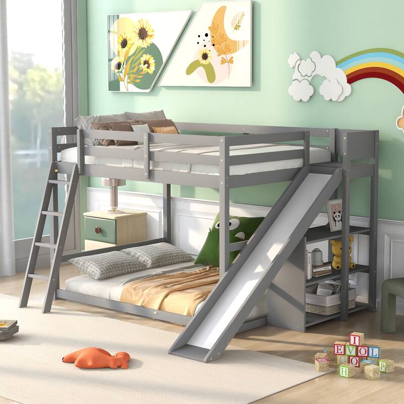Full Over Full Bunk Bed with Ladder, Slide, and Shelves in Gray - Gray