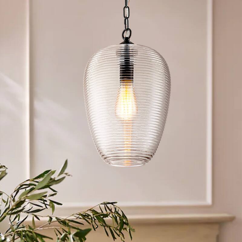 1-Light Modern Brushed Gold/Black Ribbed Clear Glass Dome Pendant Light with Adjustable Hanging Chain - Black