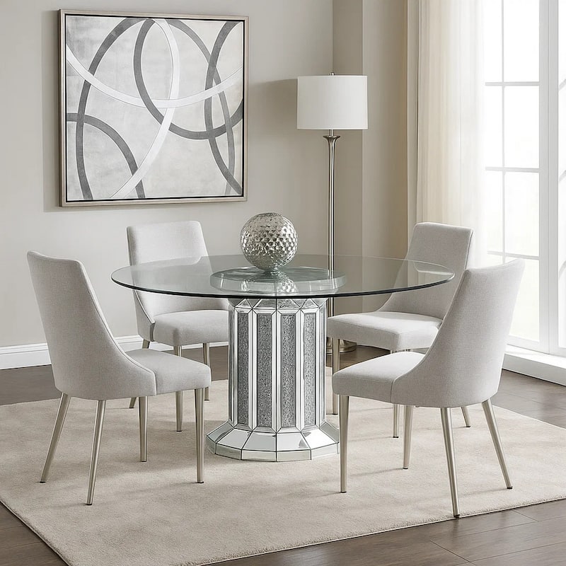 Round Glass Top Dining Table with Cross Oval Base, Silver