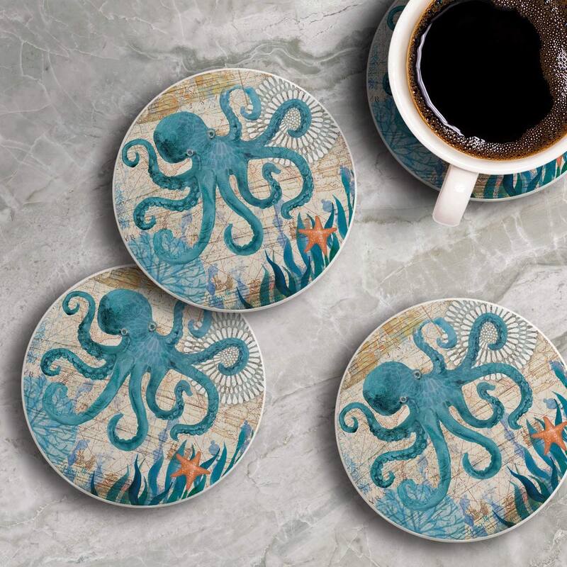 CounterArt Absorbent Stone Tumbled Tile Round Coaster Set - 4 Pack- Monterey Bay Octopus - 4x4