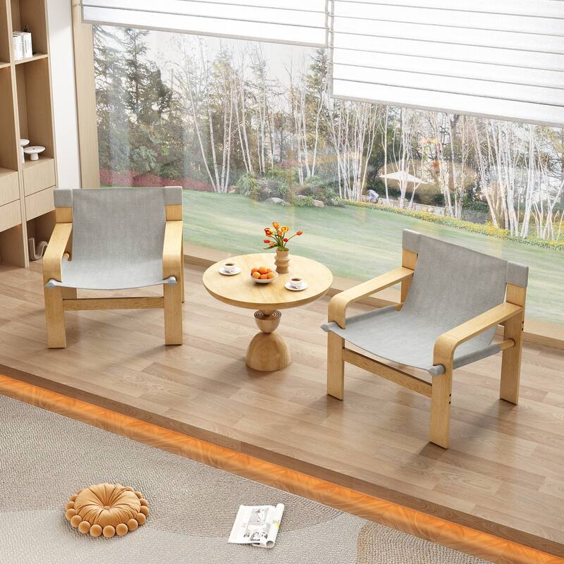 Detachable and washable Oak Accent Chair Wide Armrest Mid-Century Lounge Chair Linen Fabric Armchair & Solid Wood Frame