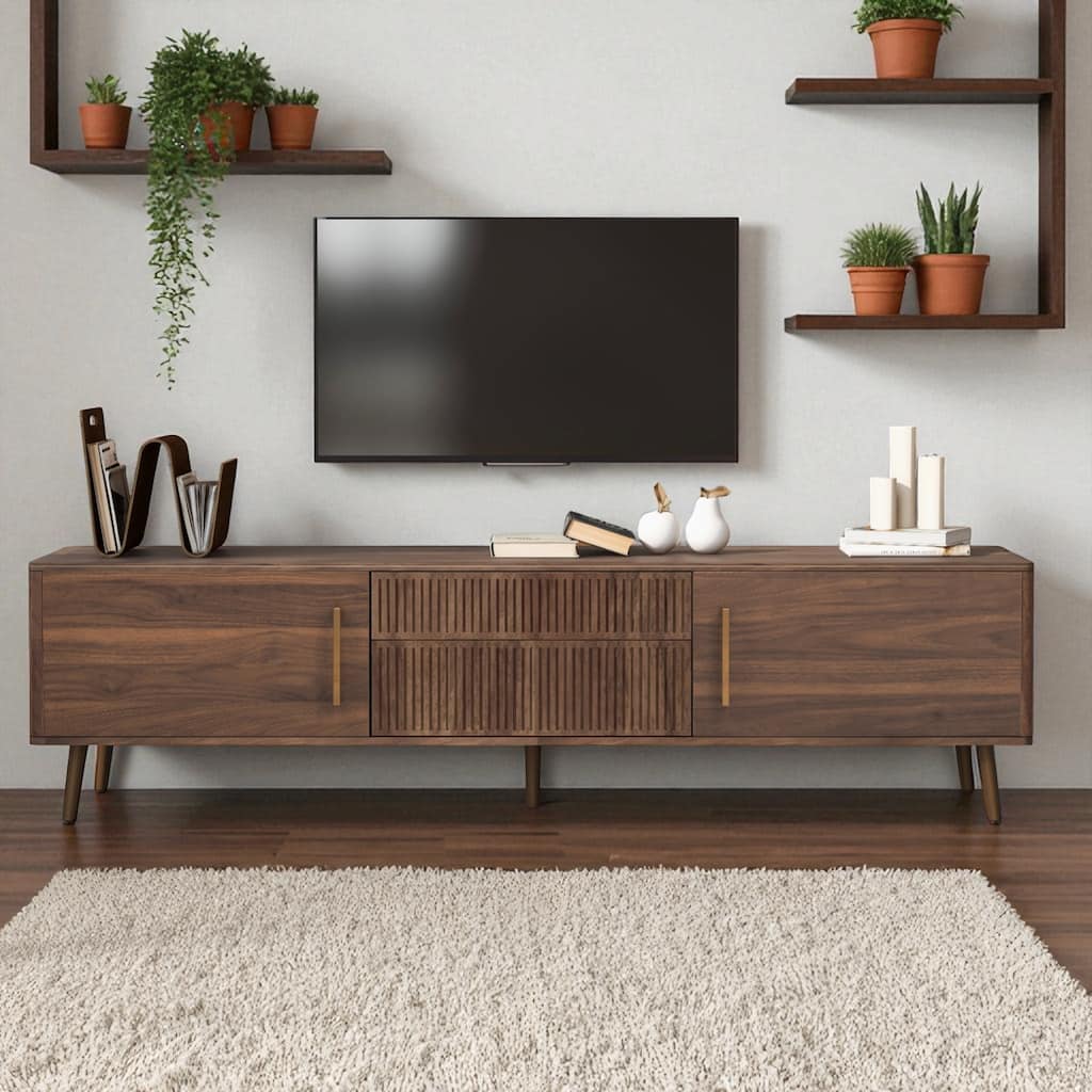 Mid Century 71" TV Stand for 80 Inch TVs, Media Console Table with 2 Drawers and Cabinets, Walnut Entertainment Center