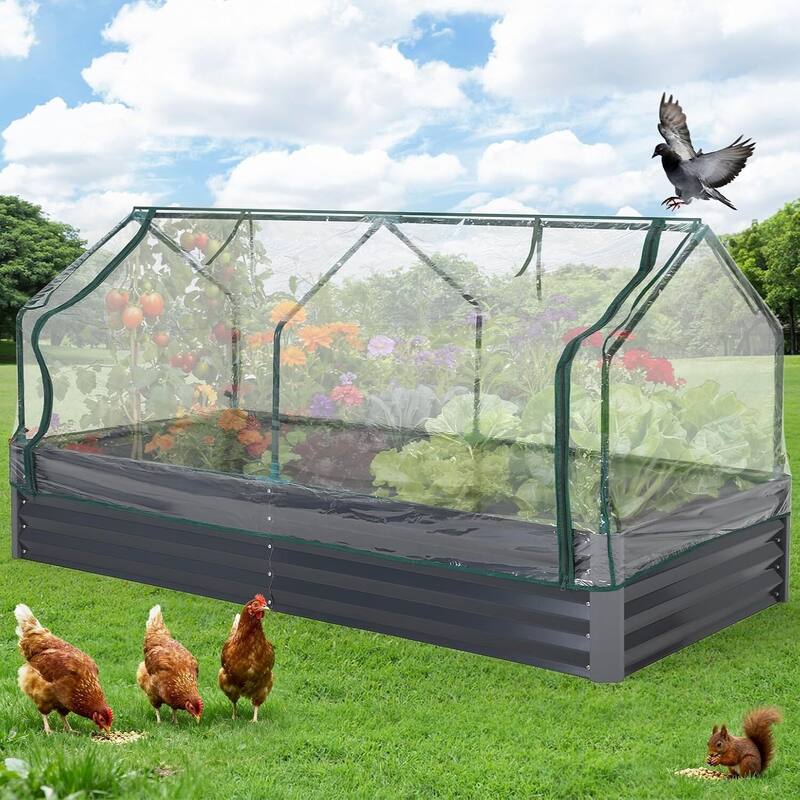 6x3x1 ft Galvanized Raised Garden Bed, Steel Planter Boxes with Zippered Cover Doors - Grey