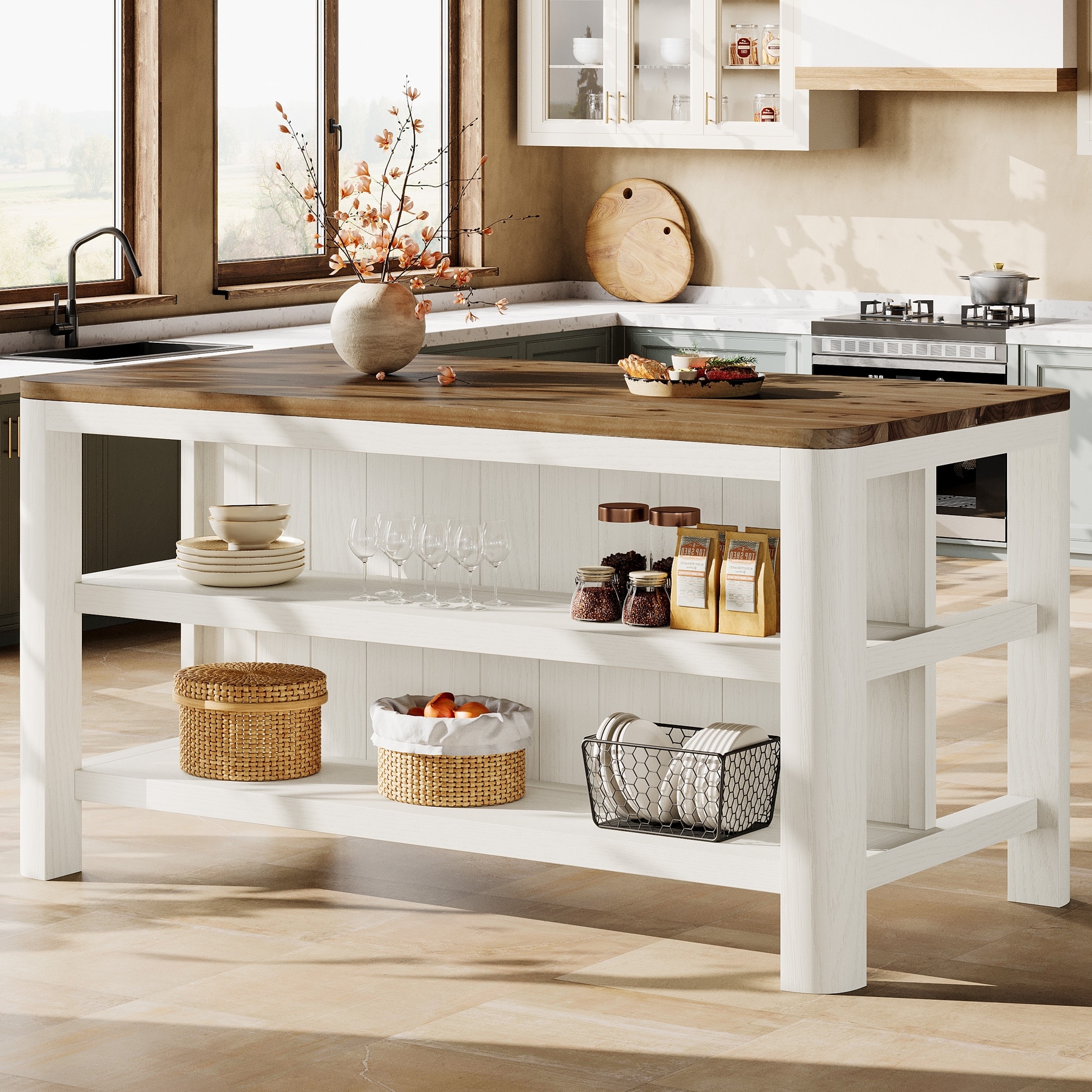 Solid Wood Bar Table with Storage Shelves, 63" Counter Height Pub Table - 63" W x 28" D x 35.4" H