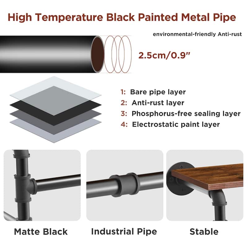 Industrial Pipe Wall Mounted Clothes Rack Floating Cloths Rail Shelf - 41.3" W x 9.8" D x 8.6" H
