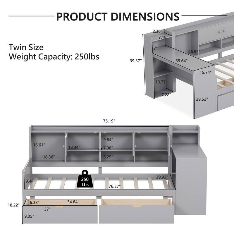 Multi-functional Daybed with Storage Cabinets and Storage Drawers,Study Desk and Built-in Bookshelf