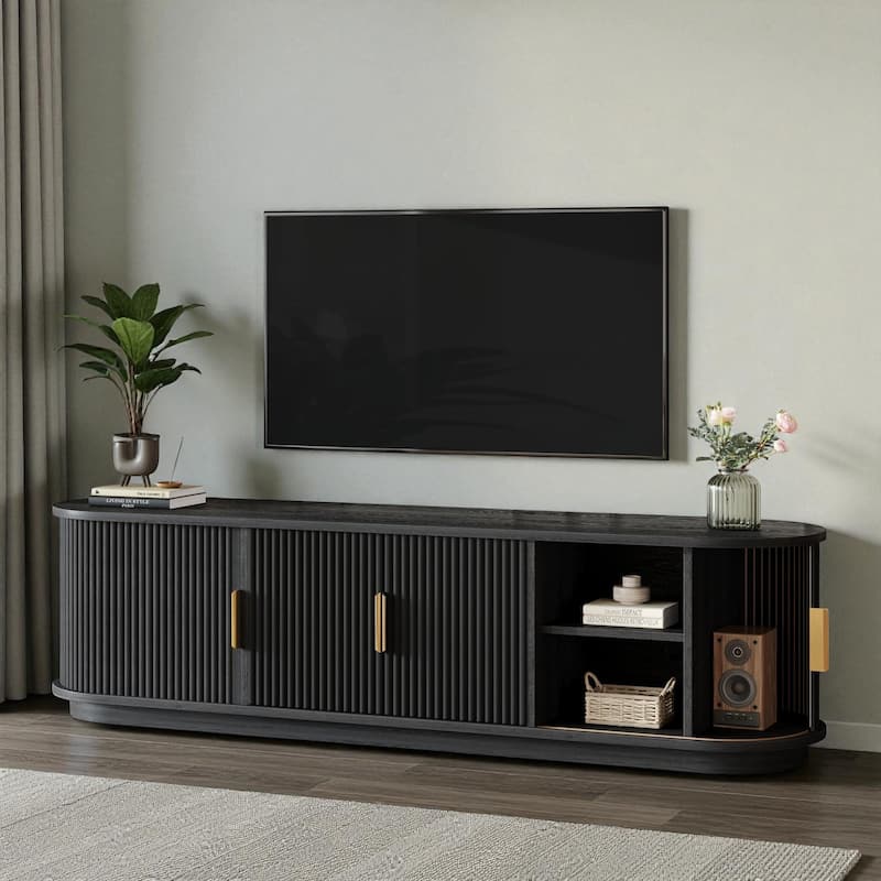 66.9'' Farmhouse TV Stand for 75'' TV, Wooden Media Console with Sliding Tambour Doors & Adjustable Shelves