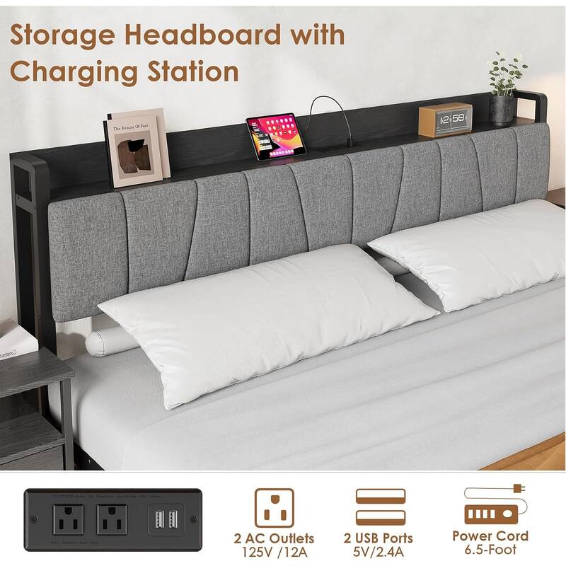 Bed Frame with Storage Headboard, Industrial Platform Bed with 2 Large Drawers and Charging Station, Black