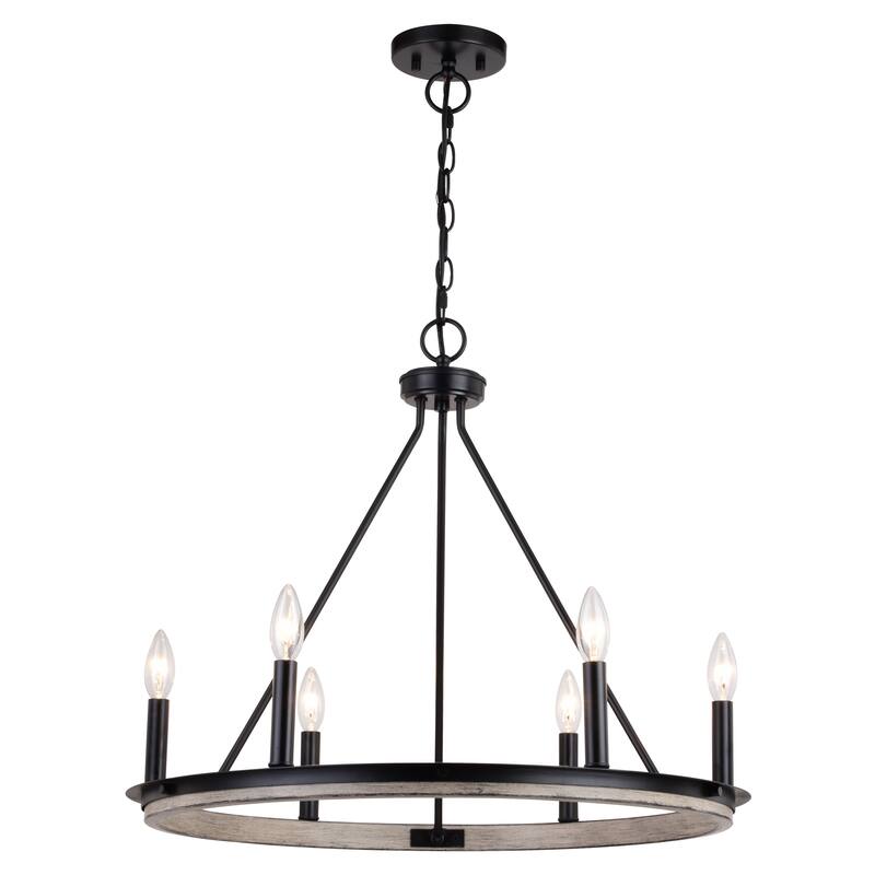 Russel 6 Light Matte Black and Weathered Gray Farmhouse Candle Wheel Chandelier - 24.75-in W x 21.5-in H x 24.75-in D